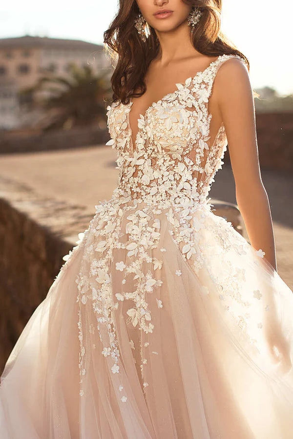 Abito da sposa casual in stile A Hall con adesivi in pizzo 3D sul collo, abito da sposa in stile rurale